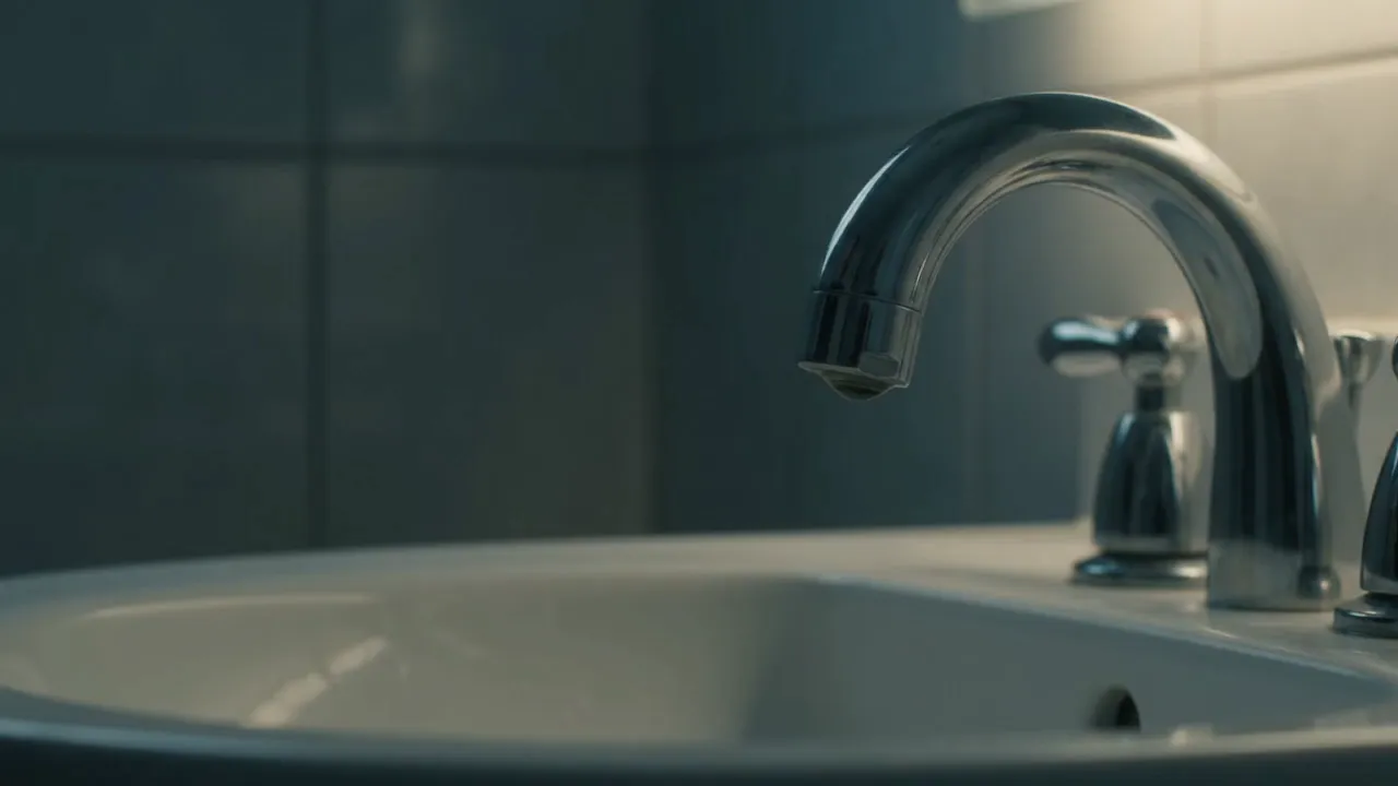 A chrome bathroom faucet over a white basin in low evening light, a drop of water forming at the spout