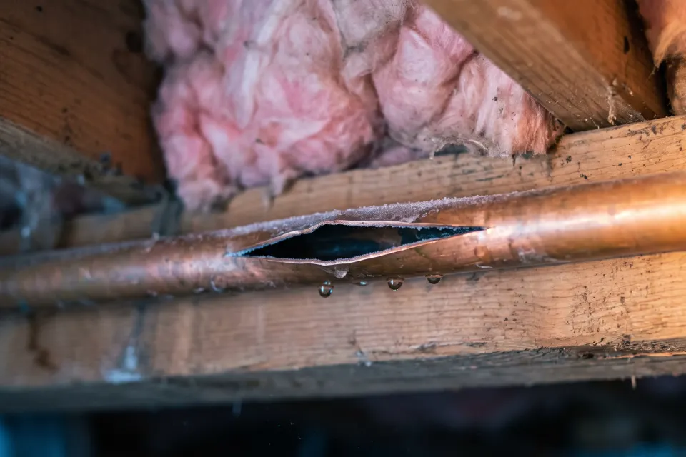 A copper pipe along a floor joist split open lengthwise where it froze, with frost and drops of water