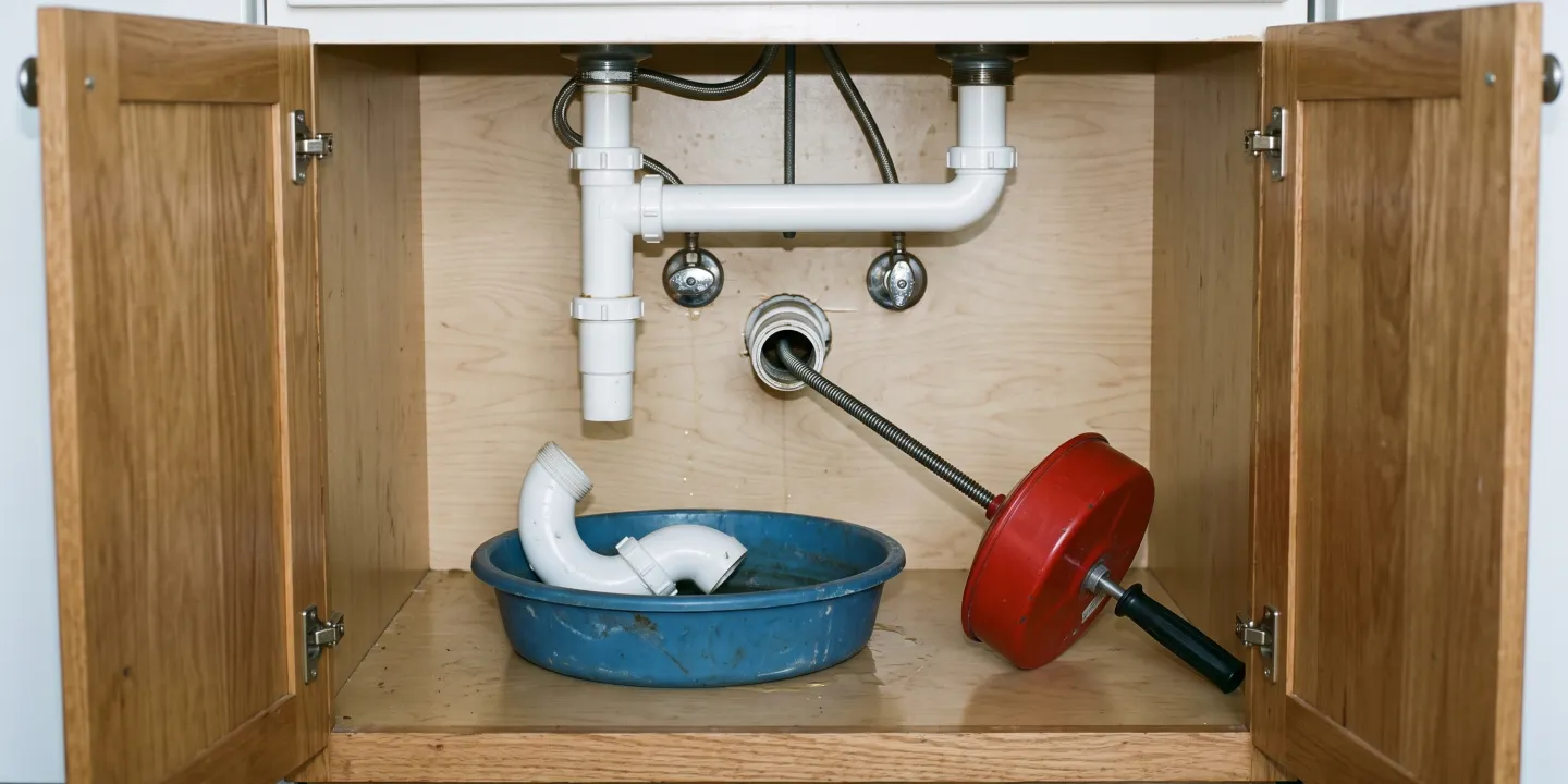 An open kitchen sink cabinet with the P-trap removed into a bucket and a hand drum auger fed into the drain pipe in the wall