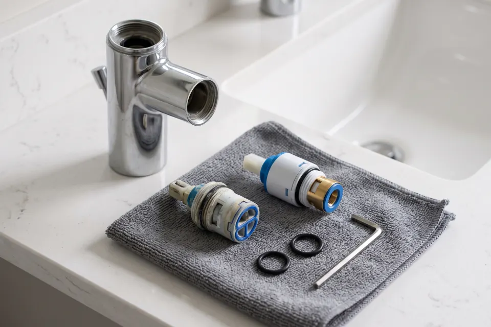 A faucet with its handle off and an old and a new cartridge, O-rings and a hex key laid out beside it
