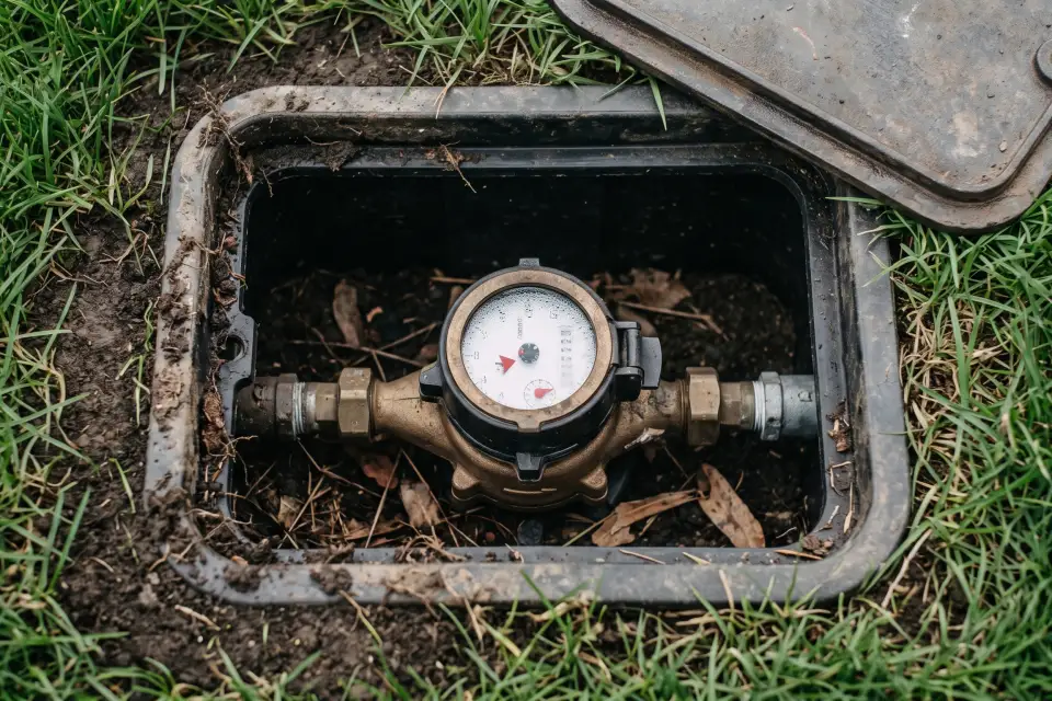 A water meter in its ground box with the low-flow indicator showing water moving