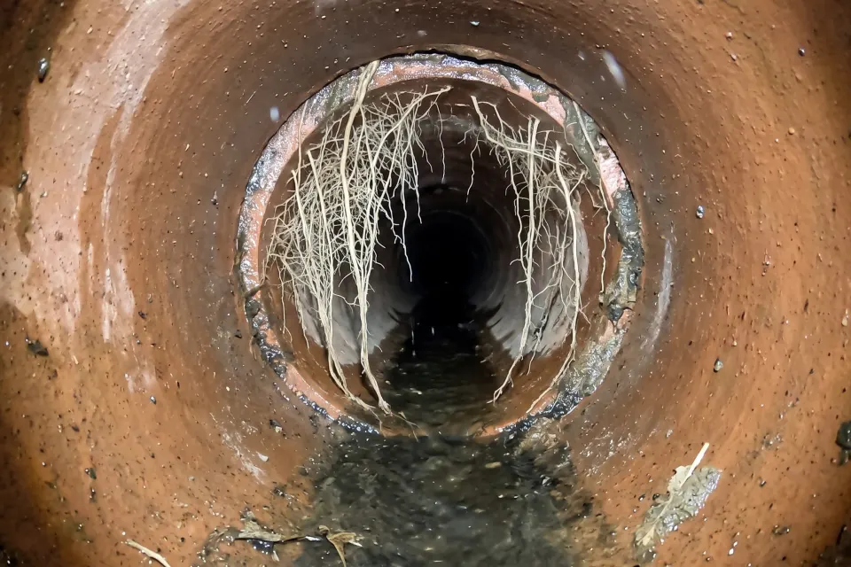 A camera view inside a clay sewer pipe with tree roots hanging through a joint