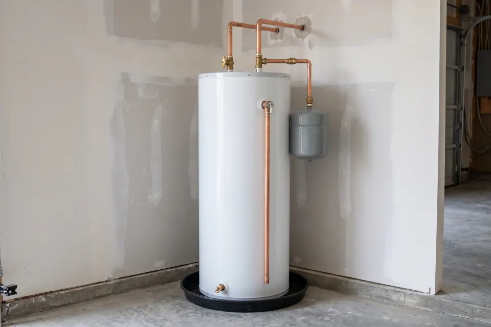 A new tank water heater on a drain pan with copper supply lines, an expansion tank and a relief valve discharge pipe