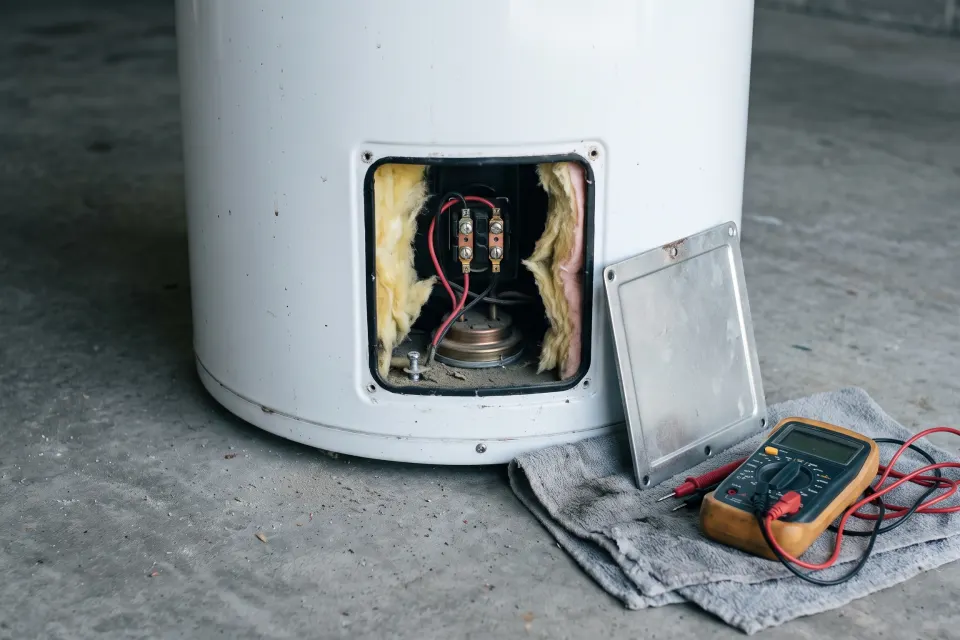 The access panel off an electric water heater, showing the thermostat and element, with a multimeter beside it